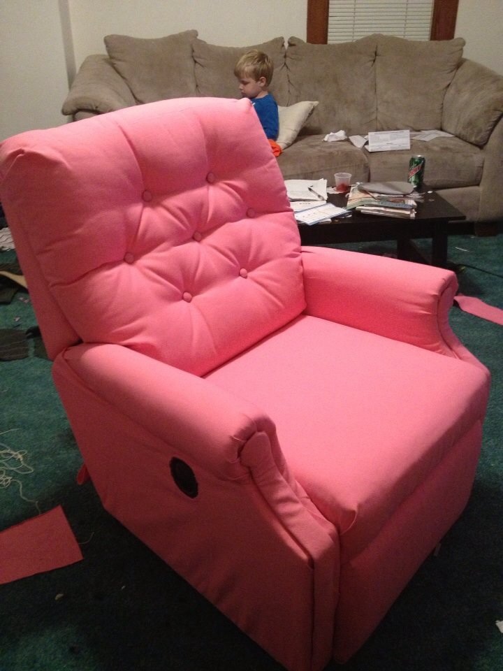 Behind the pink chair I reupholstered you can see our dirty couch!