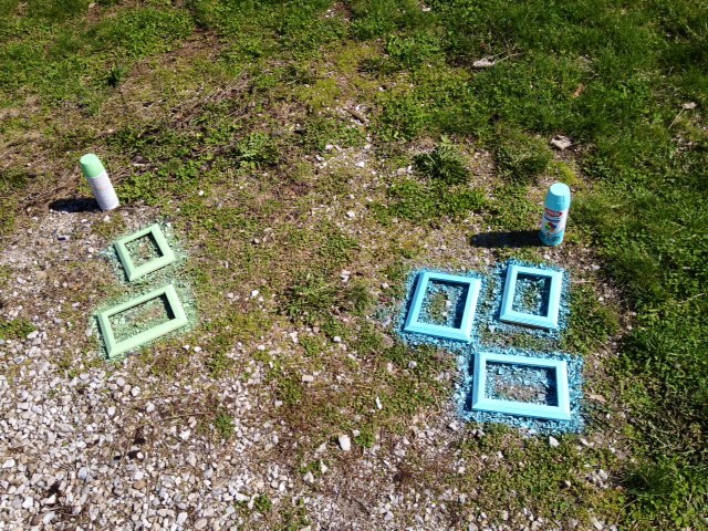 Cheap Wal-Mart Picture Frames + Blue or Green Spray Paint = Beautiful Frames Perfect for Kitchen Decor!